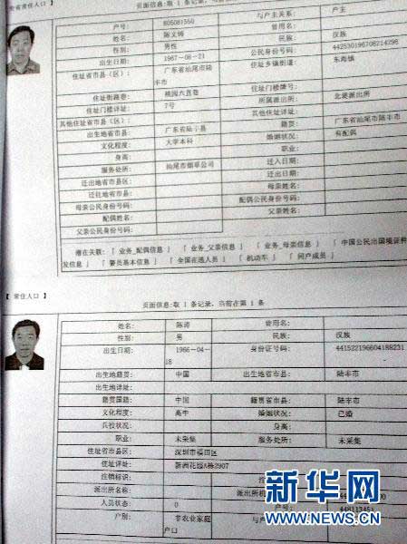 這是廣東省汕尾市煙草局長陳文鑄兩個戶口的詳細(xì)資料（1月21日攝）。新華社記者 劉大江 攝